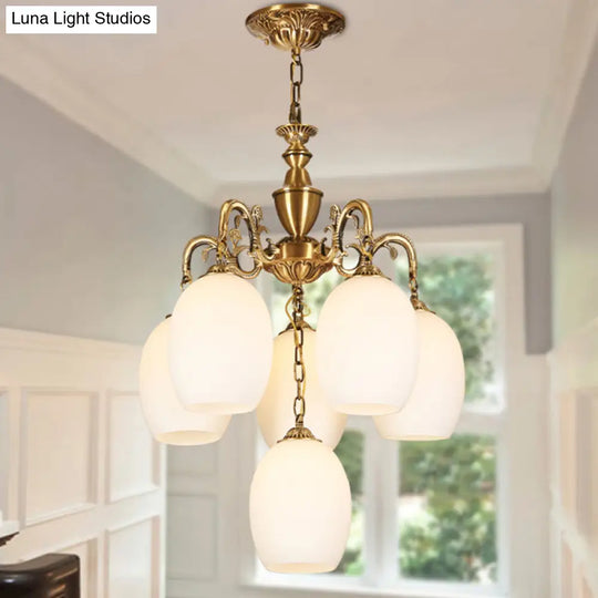 Vintage Bronze Oval Chandelier - 4/6-Bulb Down Lighting Pendant With Frosted White Glass