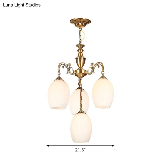 Vintage Bronze Oval Chandelier - 4/6-Bulb Down Lighting Pendant With Frosted White Glass