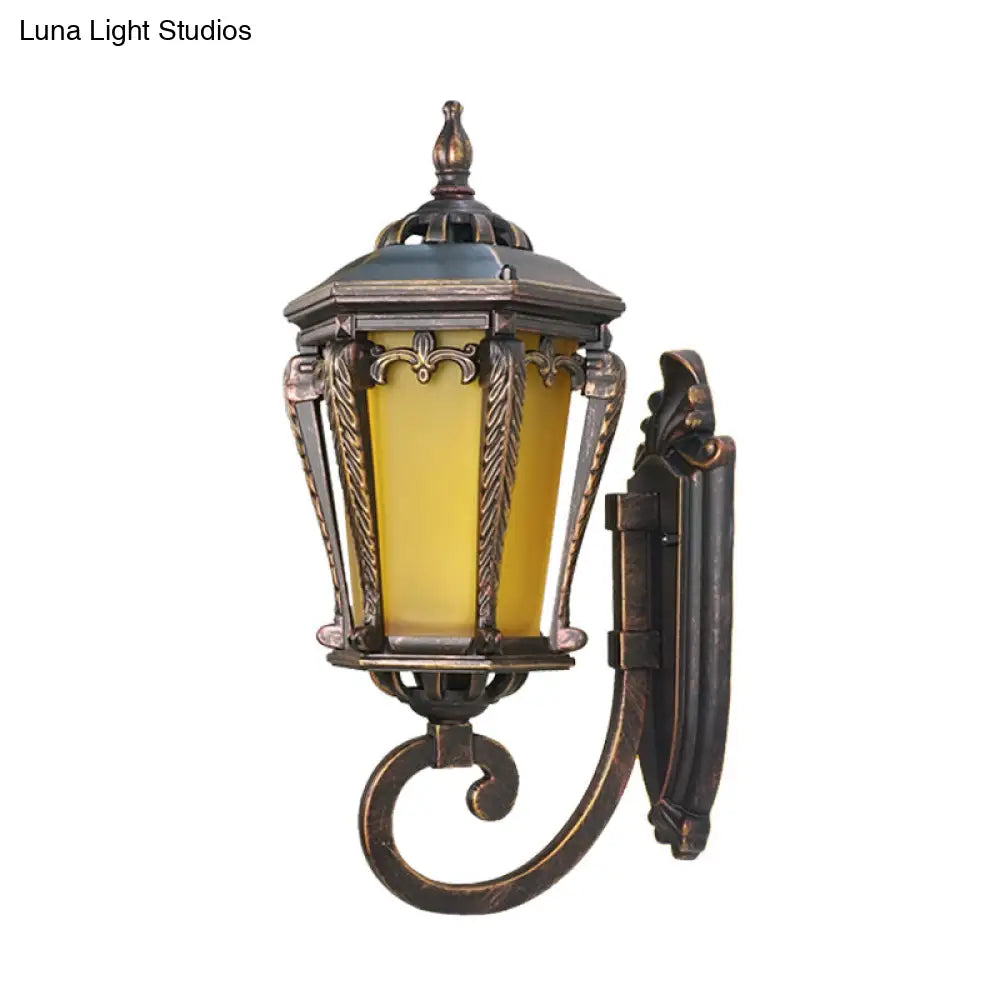 Vintage Bronze Wall Sconce With Single Bulb:yellow Glass Retro Style Yard Lighting