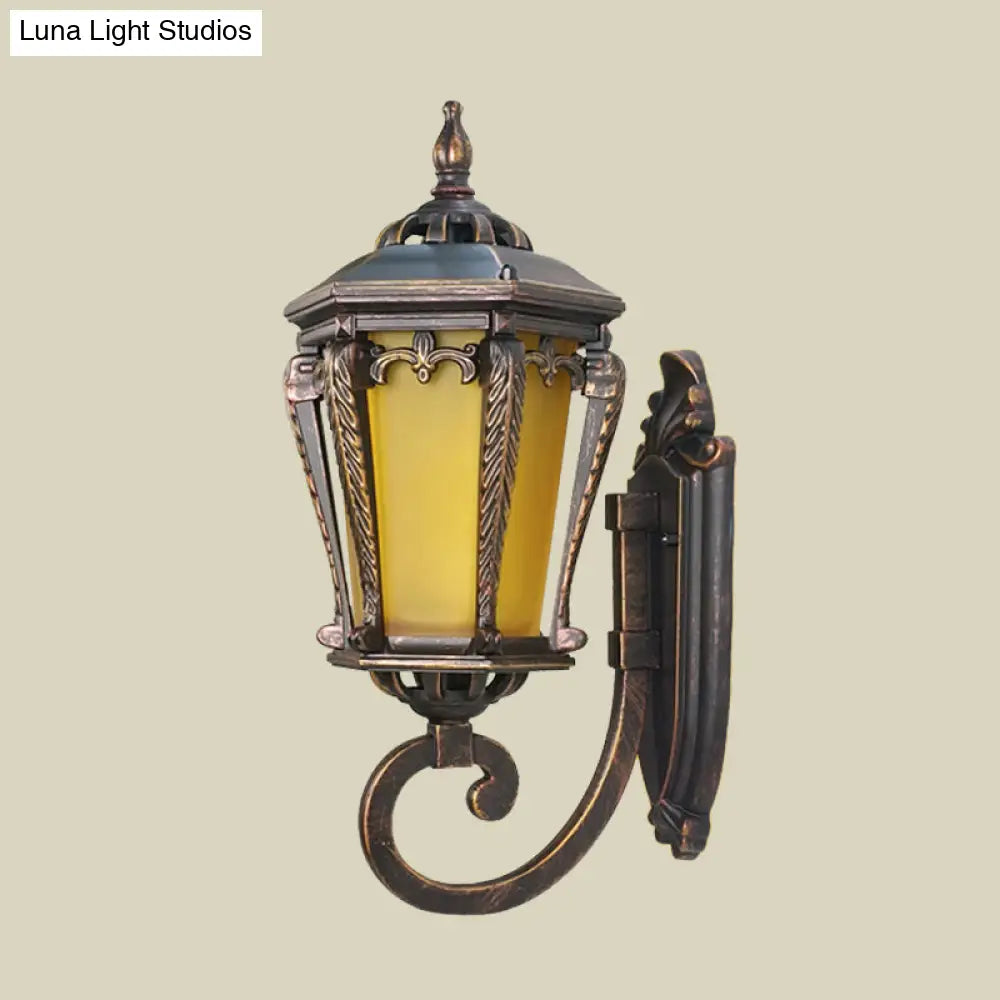 Vintage Bronze Wall Sconce With Single Bulb:yellow Glass Retro Style Yard Lighting