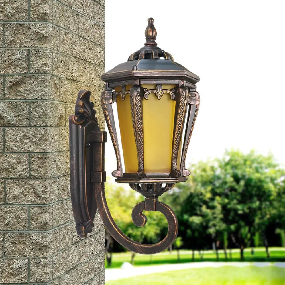 Vintage Bronze Wall Sconce With Single Bulb:yellow Glass Retro Style Yard Lighting