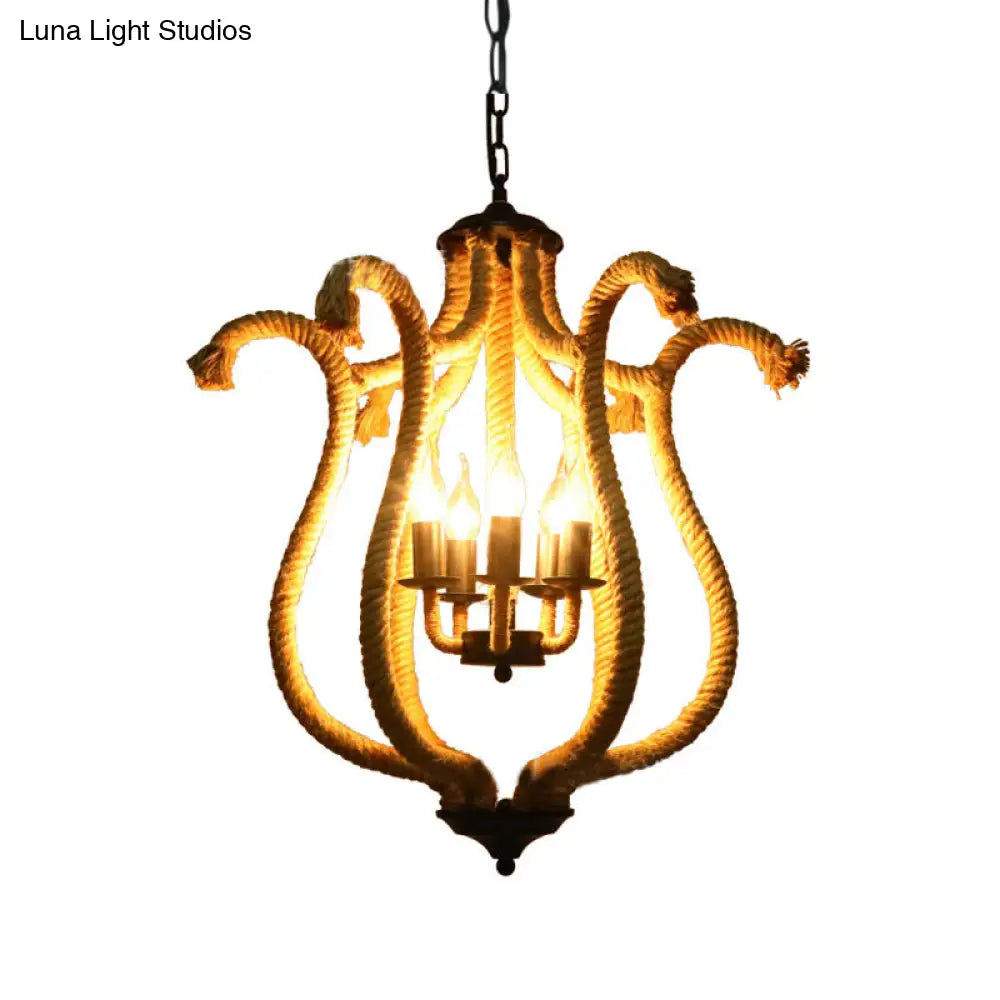 Vintage Brown 5-Head Roped Cage Chandelier With Flower Shade - Ideal For Restaurants