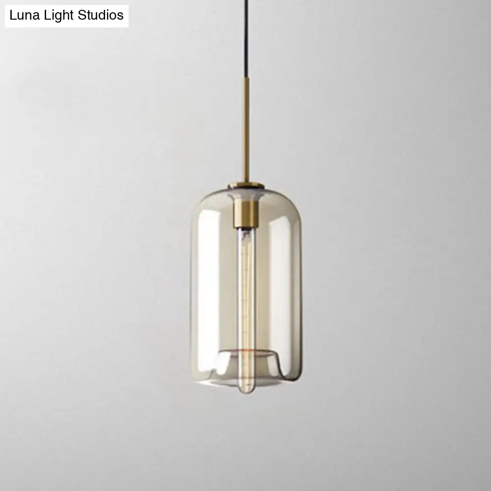 Vintage Brass Pendant Lamp With Geometric Glass Shade - 1-Light Cafe Hanging Light / Cylinder