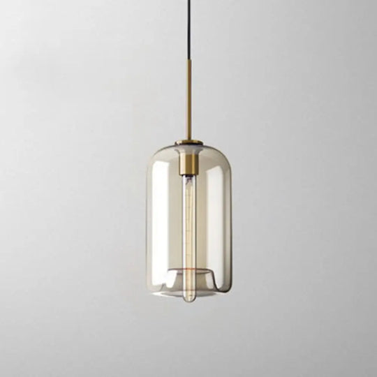 Vintage Cafe Pendant Lamp With Geometric Glass Shade In Brass - 1-Light Hanging Light / Cylinder