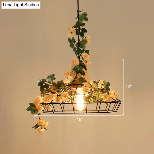 Vintage Caged Hanging Lamp 1-Light Iron Pendant With Artificial Orange Pink Rose