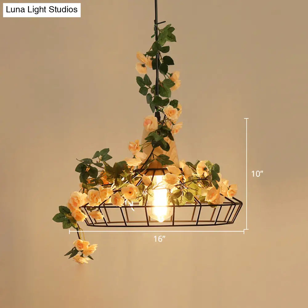 Vintage Caged Hanging Lamp 1-Light Iron Pendant With Artificial Orange Pink Rose Accent