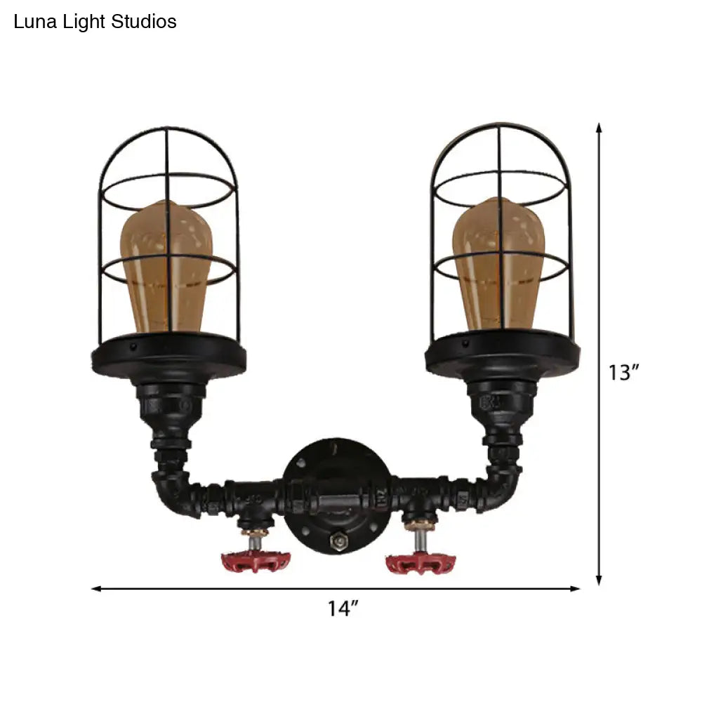 Vintage Caged Metal Shade Wall Mount Sconce With Red Valve And Pipe - Set Of 2 Bulb Lights Black