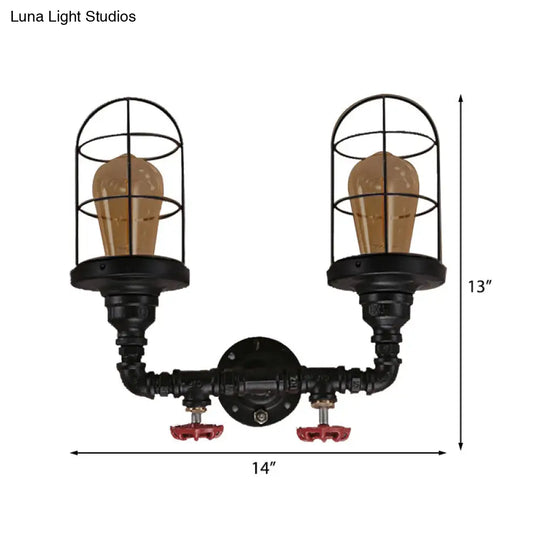 Vintage Caged Metal Shade Wall Mount Sconce With Red Valve And Pipe - Set Of 2 Bulb Lights Black