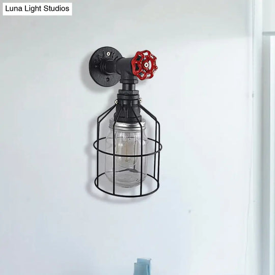 Vintage Caged Wall Light With Inner Jar Shade And Red Valve Glass Sconce Lighting In Blue/Clear