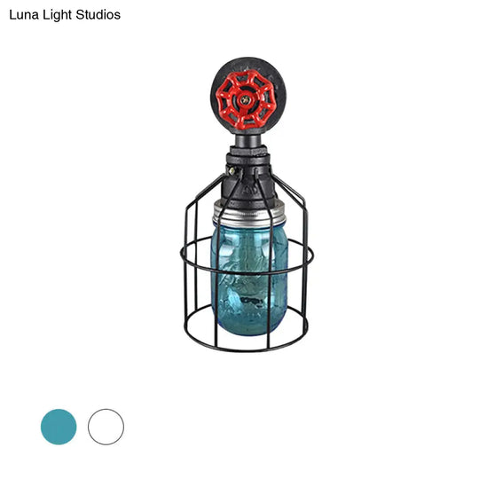 Vintage Caged Wall Light With Inner Jar Shade And Red Valve Glass Sconce Lighting In Blue/Clear