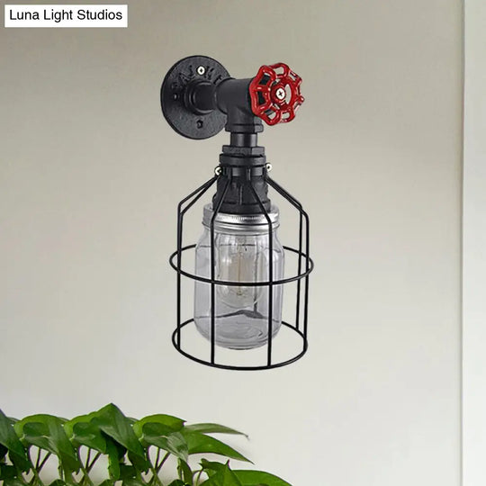 Vintage Caged Wall Light With Inner Jar Shade And Red Valve Glass Sconce Lighting In Blue/Clear