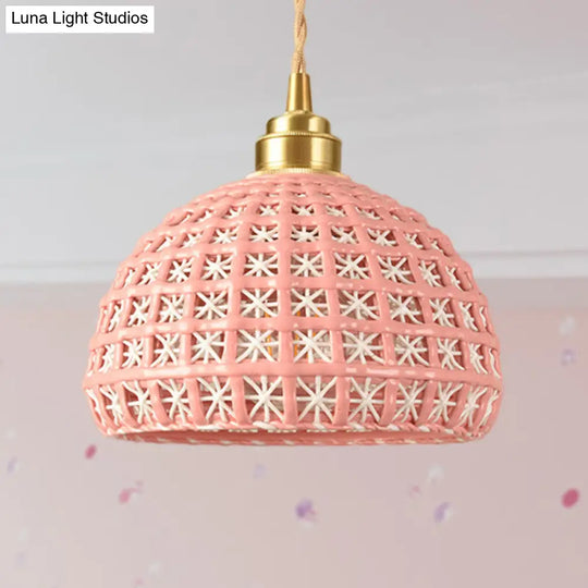 Vintage Ceramic Dome Lamp With Hollow Out Design - Blue/Pink Suspended Light Pink
