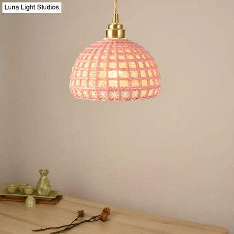 Vintage Ceramic Dome Suspension Lamp With Hollow Out Design Blue/Pink 1-Light Hanging Fixture