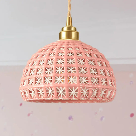 Vintage Ceramic Dome Suspension Lamp With Hollow Out Design Blue/Pink 1-Light Hanging Fixture Pink