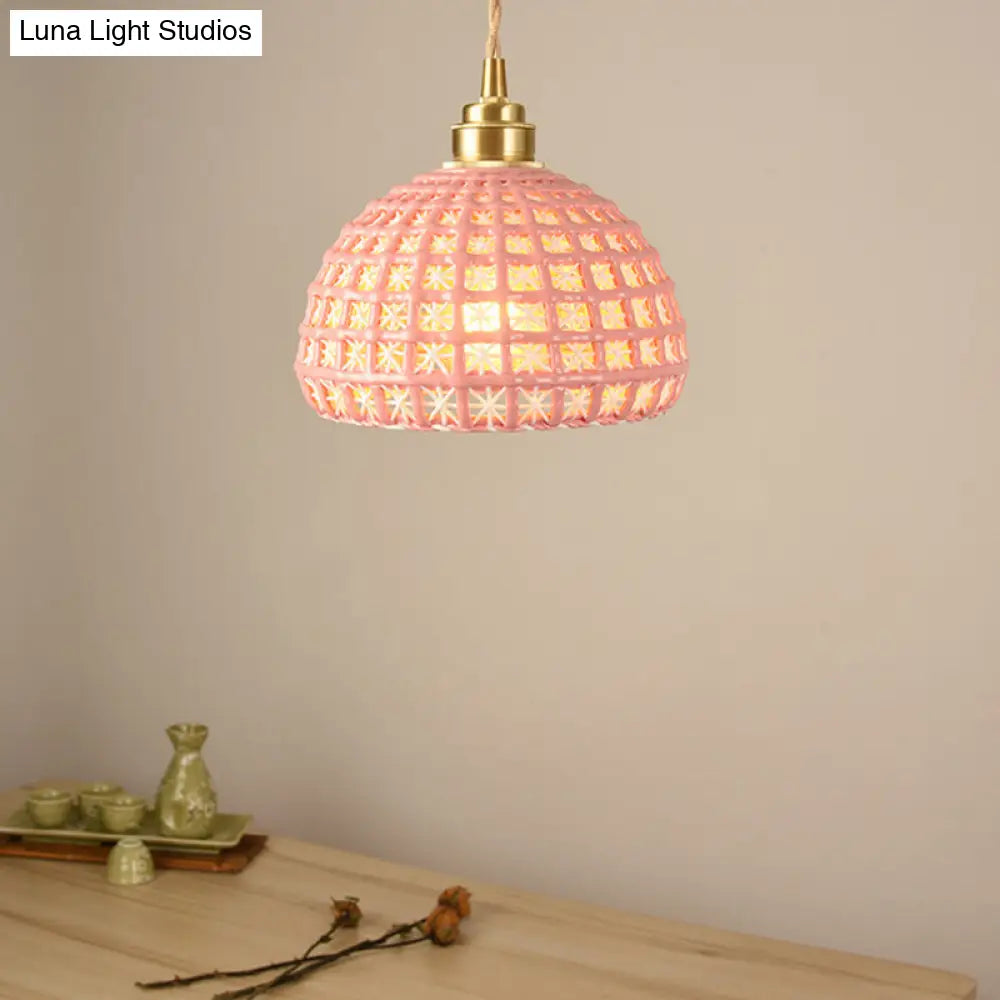 Vintage Ceramic Dome Lamp With Hollow Out Design - Blue/Pink Suspended Light