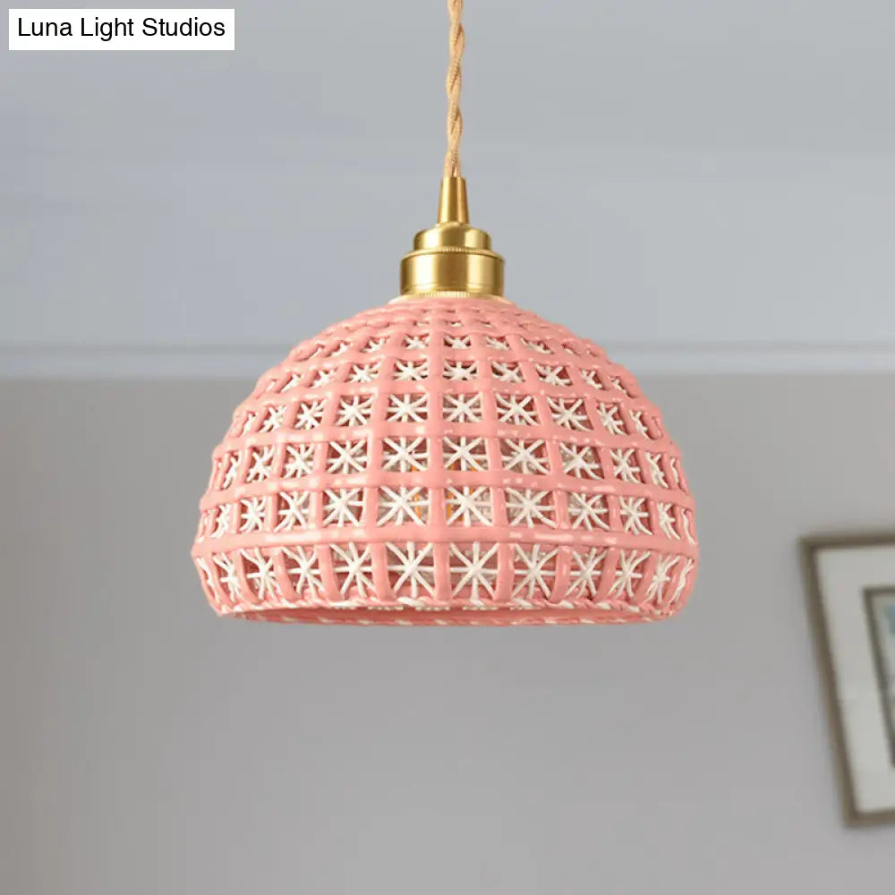 Vintage Ceramic Dome Lamp With Hollow Out Design - Blue/Pink Suspended Light