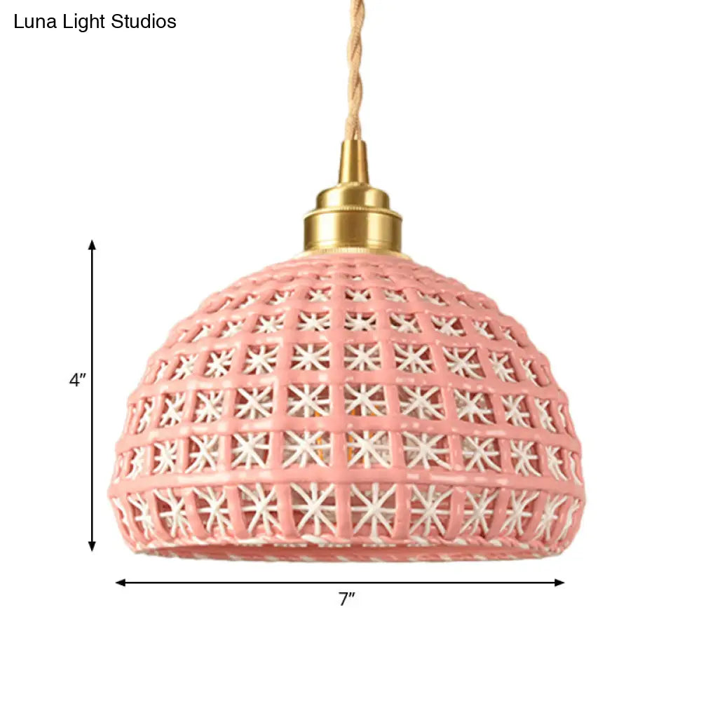 Vintage Ceramic Dome Suspension Lamp With Hollow Out Design Blue/Pink 1-Light Hanging Fixture