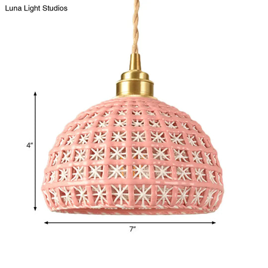 Vintage Ceramic Dome Suspension Lamp With Hollow Out Design Blue/Pink 1-Light Hanging Fixture