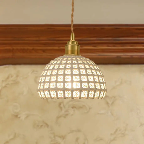 Vintage Ceramic Dome Suspension Lamp With Hollow Out Design Blue/Pink 1-Light Hanging Fixture White