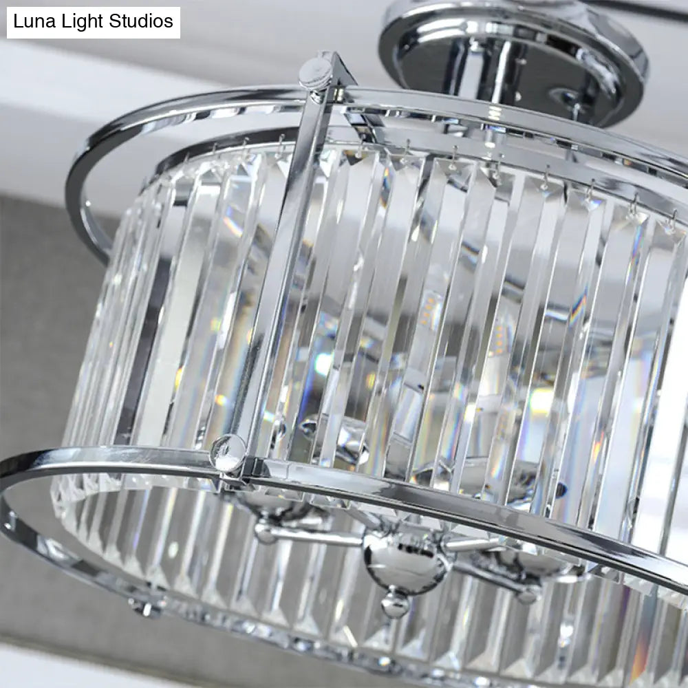 Vintage Chrome Metal Frame Drum Semi Flush Mount Ceiling Light With Crystal Prism - 4 Lights