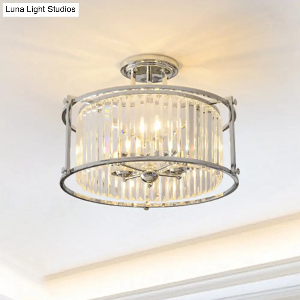 Vintage Chrome Metal Frame Drum Semi Flush Mount Ceiling Light With Crystal Prism - 4 Lights