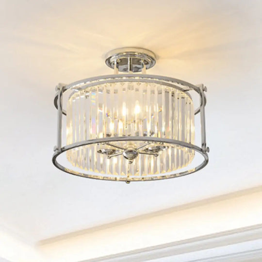 Vintage Chrome Metal Frame Drum Semi Flush Mount Ceiling Light With Crystal Prism - 4 Lights