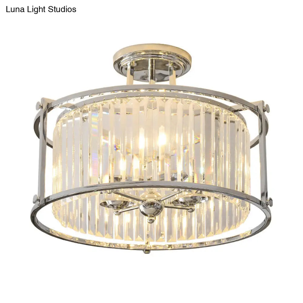 Vintage Chrome Metal Frame Drum Semi Flush Mount Ceiling Light With Crystal Prism - 4 Lights