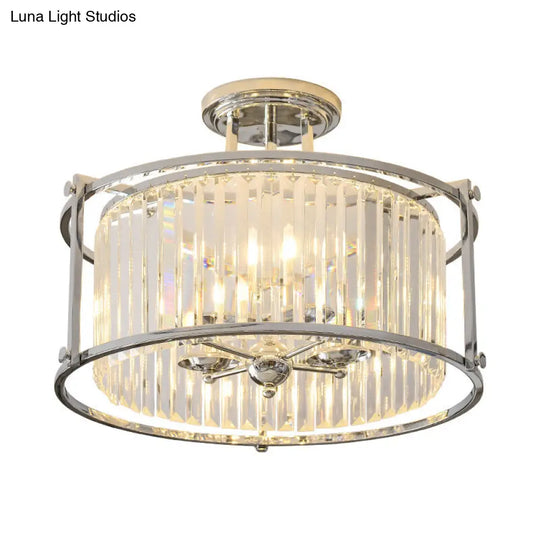 Vintage Chrome Metal Frame Drum Semi Flush Mount Ceiling Light With Crystal Prism - 4 Lights