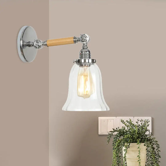 Vintage Chrome Wall Sconce With Textured Glass Shade And Wooden Arm - Perfect Living Room Lighting