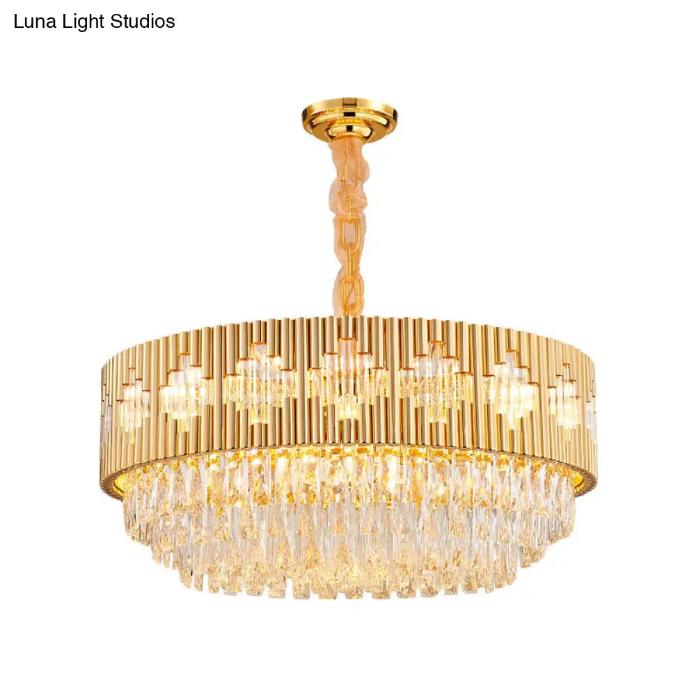 Vintage Circular Chandelier Pendant Light With Crystal Prism - Gold Metal