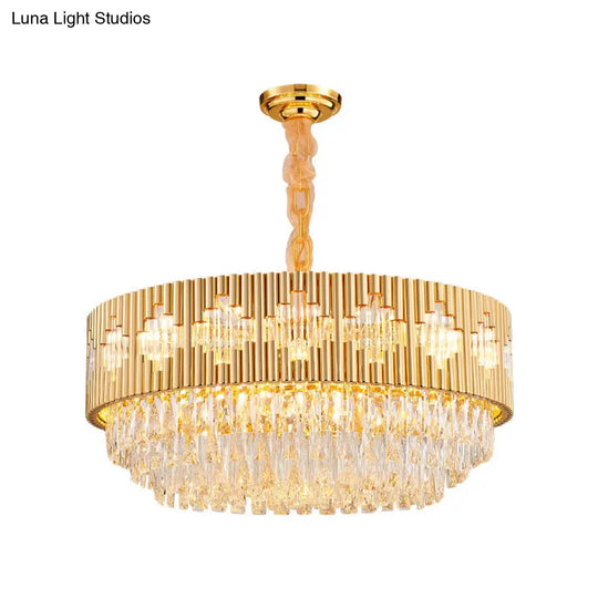 Vintage Circular Chandelier Pendant Light With Crystal Prism - Gold Metal