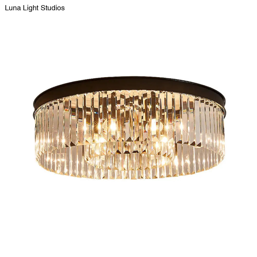 Vintage Circular Flush Mount Ceiling Lamp With Clear Crystal Prism In Black - 4/6/8 Lights