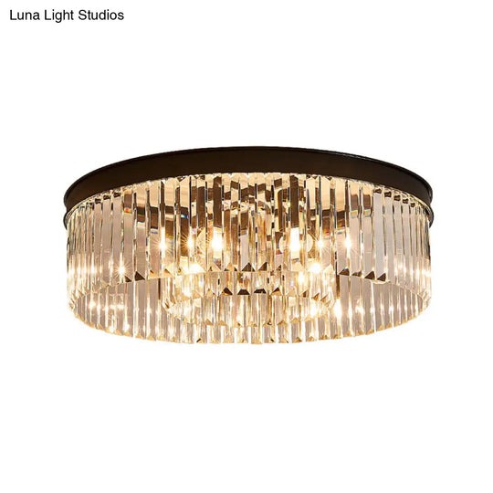 Vintage Circular Flush Mount Ceiling Lamp With Clear Crystal Prism In Black - 4/6/8 Lights