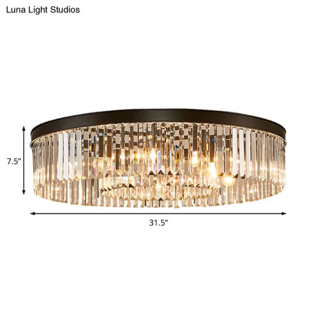 Vintage Circular Flush Mount Ceiling Lamp With Clear Crystal Prism In Black - 4/6/8 Lights