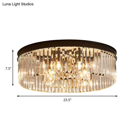 Vintage Circular Flush Mount Ceiling Lamp With Clear Crystal Prism In Black - 4/6/8 Lights