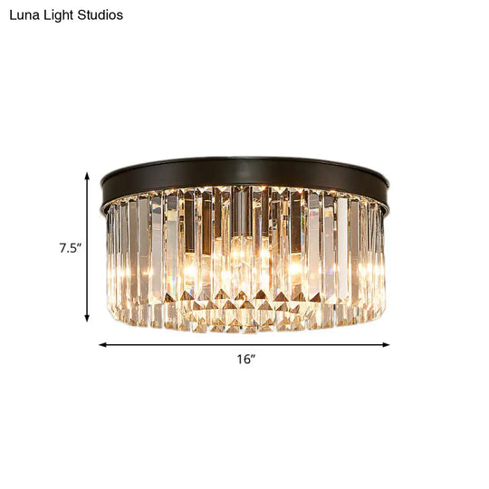 Vintage Circular Flush Mount Ceiling Lamp With Clear Crystal Prism In Black - 4/6/8 Lights