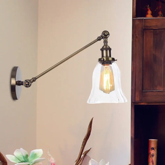 Vintage Clear Glass Bell Sconce With Arm - Black/Bronze/Brass 1-Light Wall Lighting Fixture 8/12