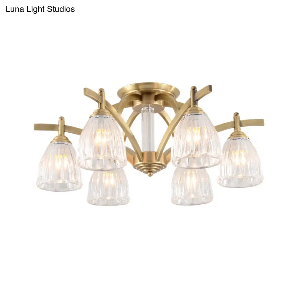 Vintage Clear Glass Cone Semi Flush Lamp With 6 Bulbs - Brass Ceiling Fixture For Dining Room