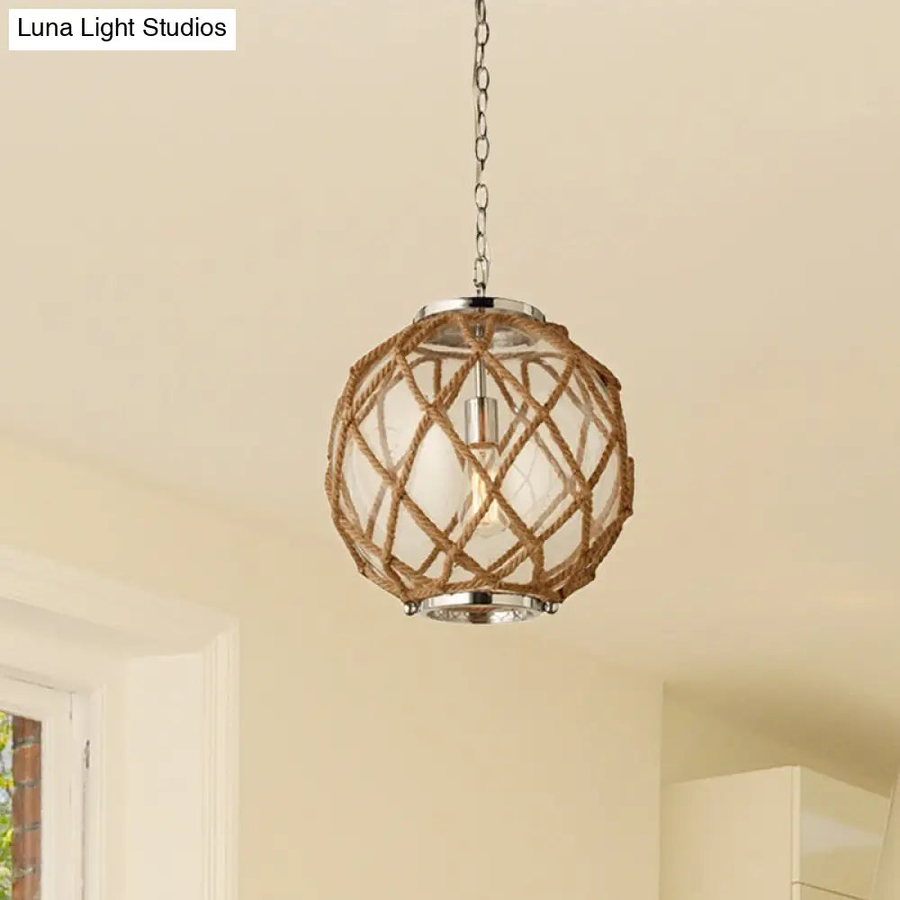 Vintage Clear Glass Hanging Globe Lamp With Hand-Woven Beige Rope Detail - 1 Head Suspension For