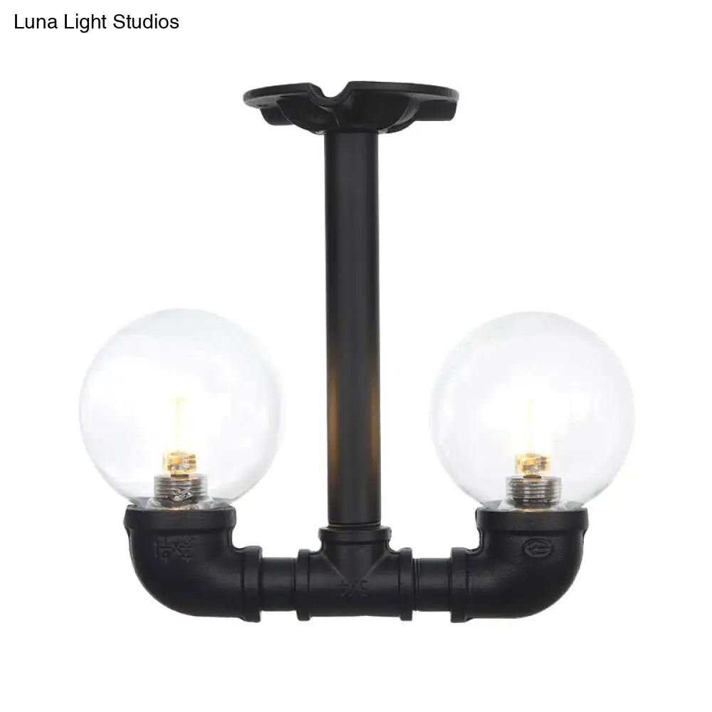 Vintage Clear Glass Ball Semi-Flush Ceiling Light With Black Led - 2 Bulbs Fixture
