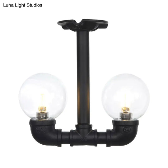 Vintage Clear Glass Ball Semi-Flush Ceiling Light With Black Led - 2 Bulbs Fixture