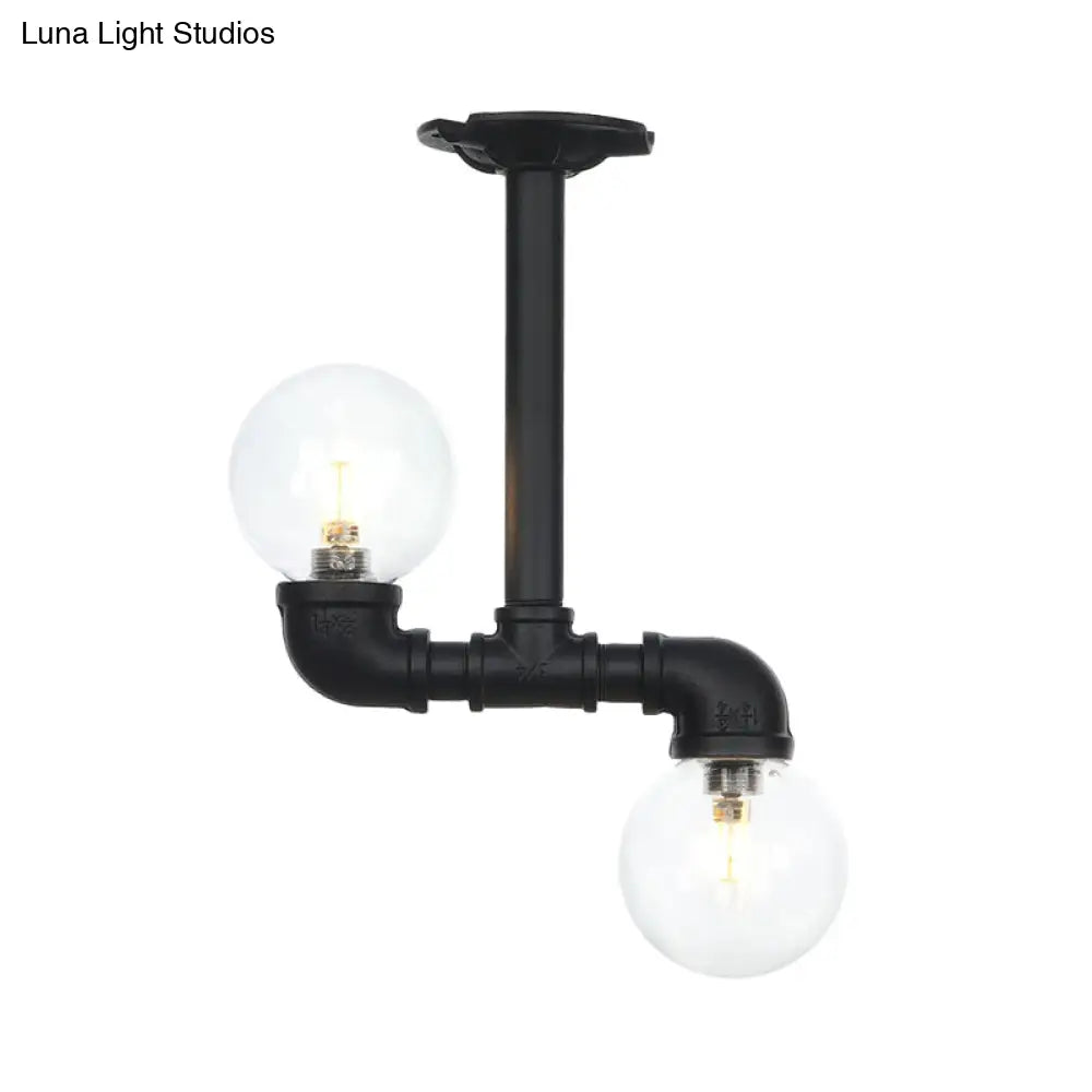 Vintage Clear Glass Semi Flush Ceiling Light Fixture - Ball Corridor 2 Bulbs Black Led Lamp