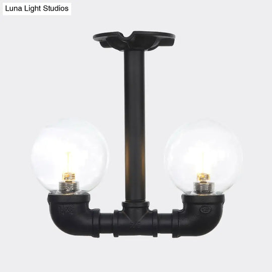 Vintage Clear Glass Semi Flush Ceiling Light Fixture - Ball Corridor 2 Bulbs Black Led Lamp
