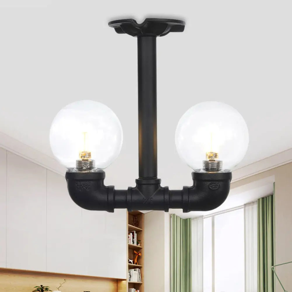 Vintage Clear Glass Semi Flush Ceiling Light Fixture - Ball Corridor 2 Bulbs Black Led Lamp / A