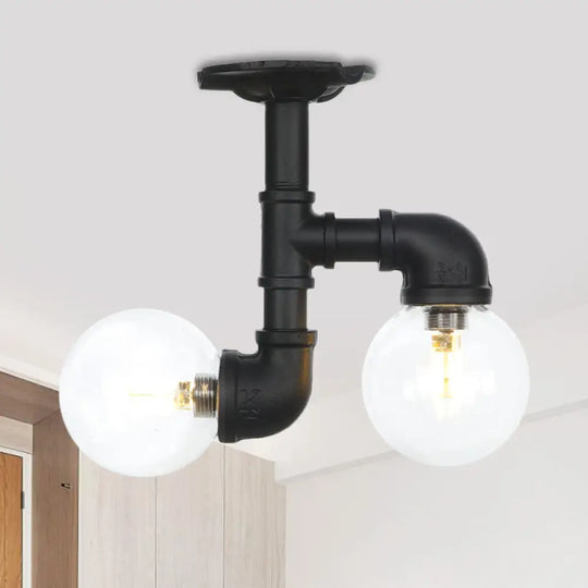 Vintage Clear Glass Semi Flush Ceiling Light Fixture - Ball Corridor 2 Bulbs Black Led Lamp / C