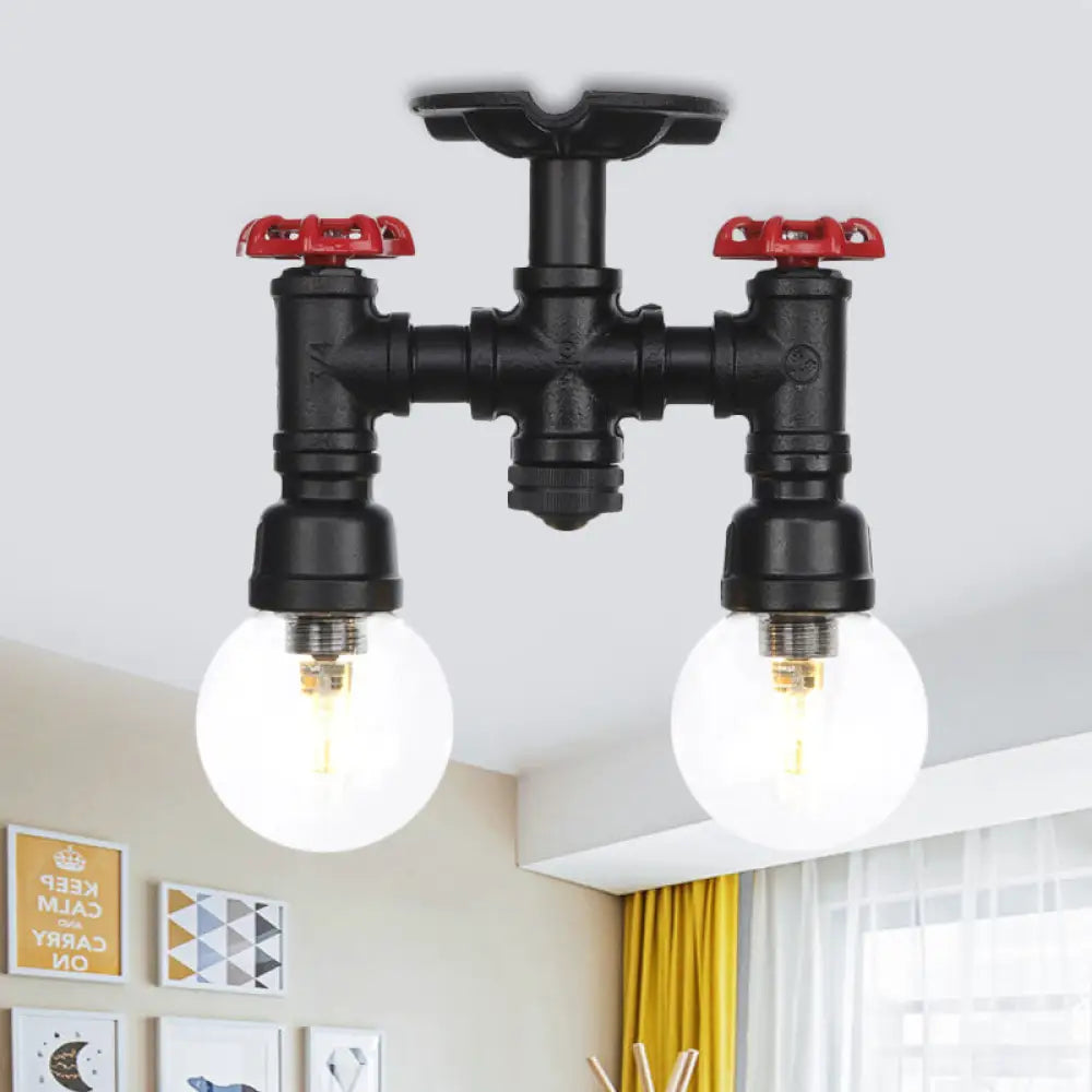 Vintage Clear Glass Semi Flush Ceiling Light Fixture - Ball Corridor 2 Bulbs Black Led Lamp / D