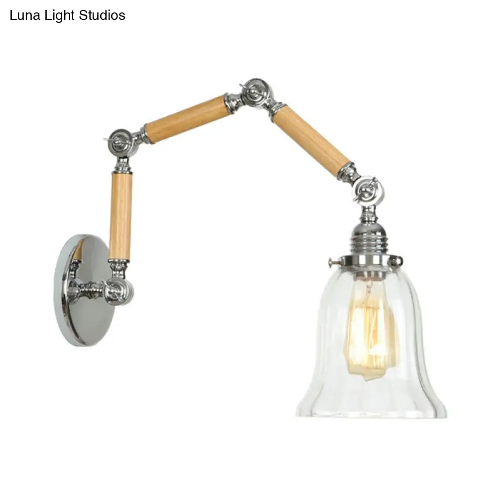 Vintage Clear Glass Wall Mounted Lamp - Flared Single Bulb Sconce Light With Extendable Wooden Arm