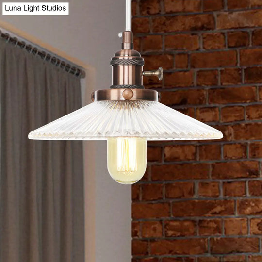 Vintage Stylish Clear Ribbed Glass Saucer Pendant Lighting - 1 Head Ceiling Fixture For Coffee Shop