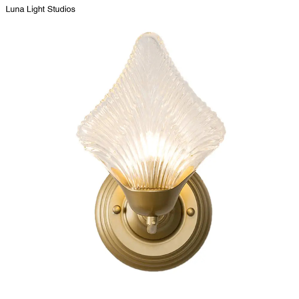 Vintage Clear Ribbed Glass Wall Sconce Light With Gold Finish - Shell Design