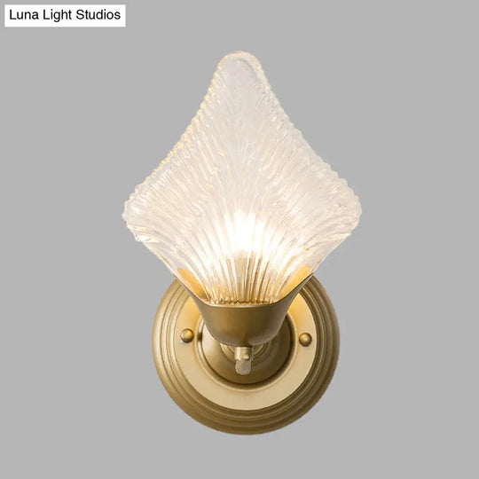 Vintage Clear Ribbed Glass Wall Sconce Light With Gold Finish - Shell Design